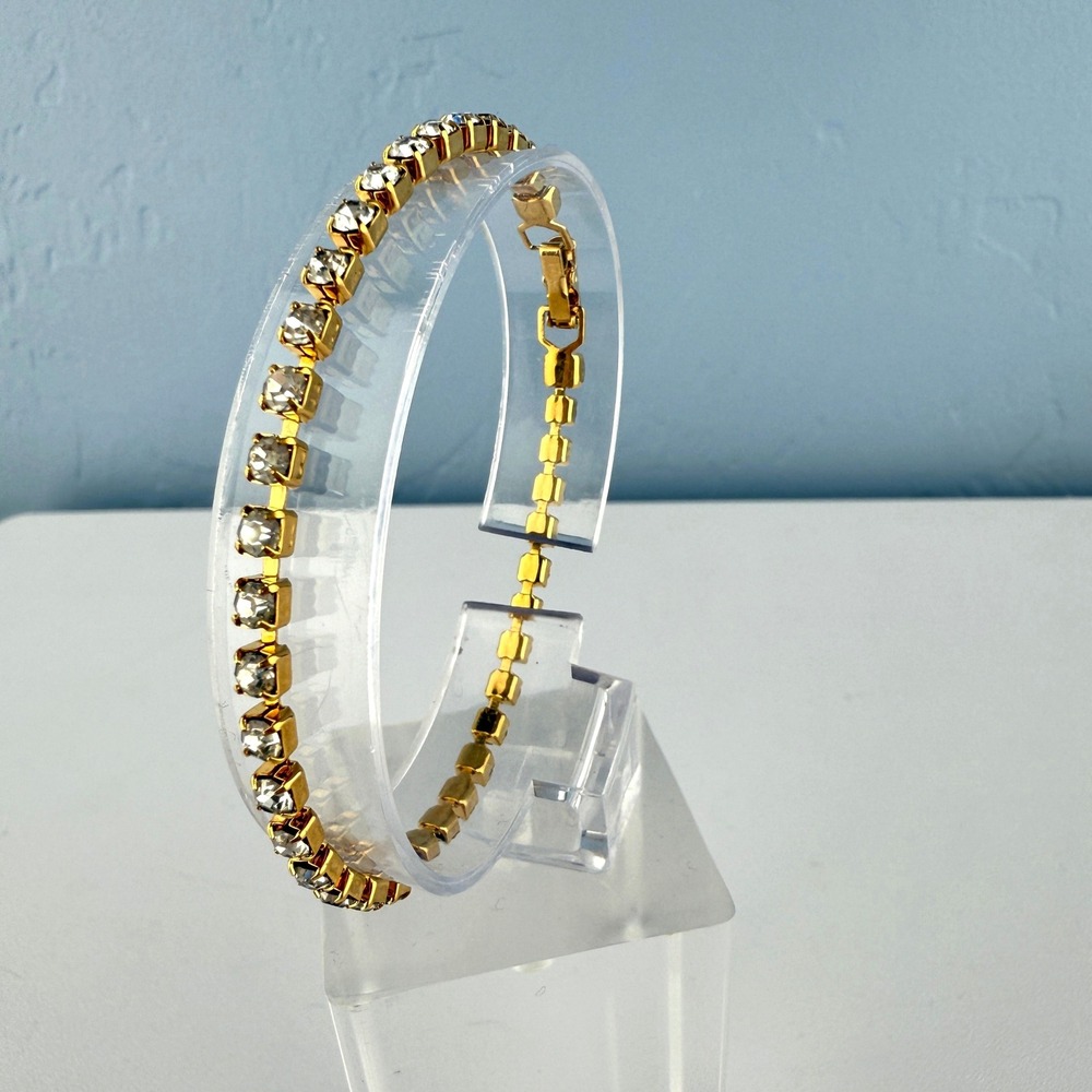 Vintage Gold Tone Rhinestone Tennisโ Bracelet Costume Jewelry Mid Century Chic